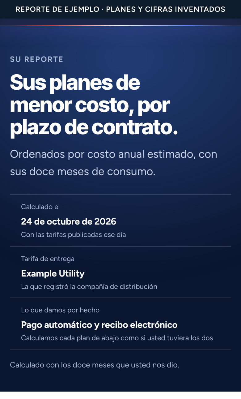 Encabezado de un reporte de ejemplo: la fecha en que se calcularon los planes, la compañía de distribución cuya tarifa se usó, el supuesto de pago automático y recibo electrónico, y una línea que dice que el reporte se calculó con los doce meses que usted escribió.