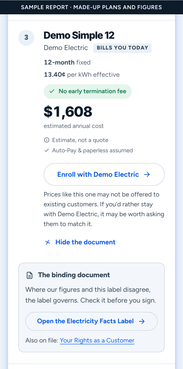One plan in a sample report: rank, name and provider (tagged as the one who bills you today), term and effective price per kWh, no early termination fee, estimated annual cost, an enroll button, a note about asking your provider to match, and the opened binding document with a link to its Electricity Facts Label.