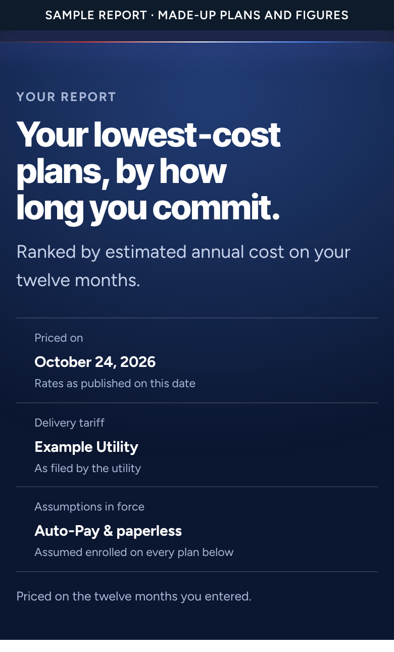 Sample report header: the date the plans were priced, the delivery utility whose tariff was used, the Auto-Pay and paperless assumption, and a line saying the report was priced on the twelve months entered.